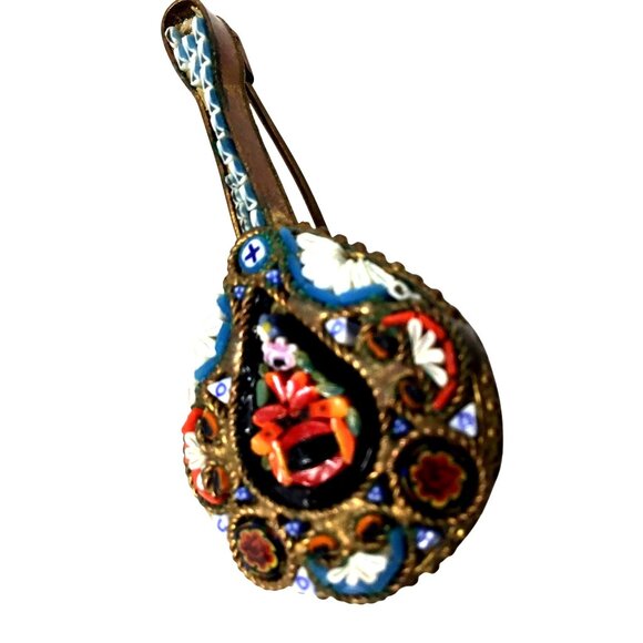 VINTAGE Italian Mosaic Glass Women Mandolin Brooch Mini Millefiori Floral 2" Pin - Picture 1 of 10